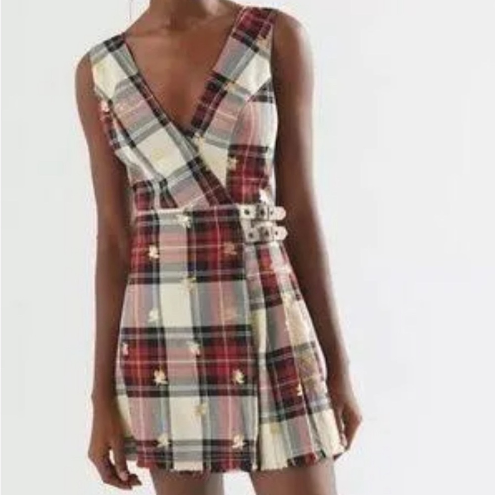 Urban Outfitters Red Chandler Pleated Plaid Jumper Dress